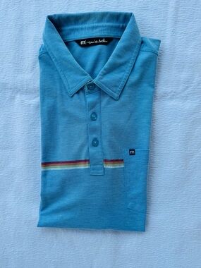 Travis Mathew Baby Blue Polo with Multicolor Stripe L